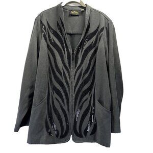 Bob Mackie Wearable Art‎ Jacket Size 1X Gray Black Sequins Zip Up Long Sleeve